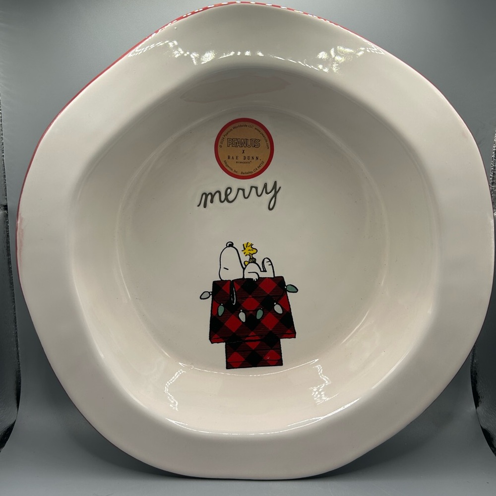 Rae Dunn Peanuts Snoopy Woodstock MERRY PLAID Pie Baking Plate 9.5 Inches  NEW